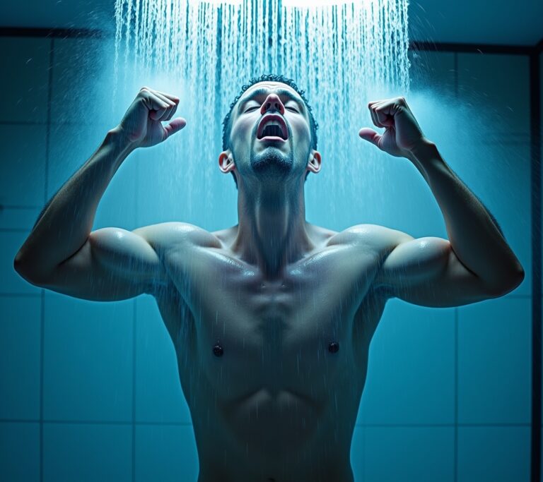 Person standing under cold shower stream with steam