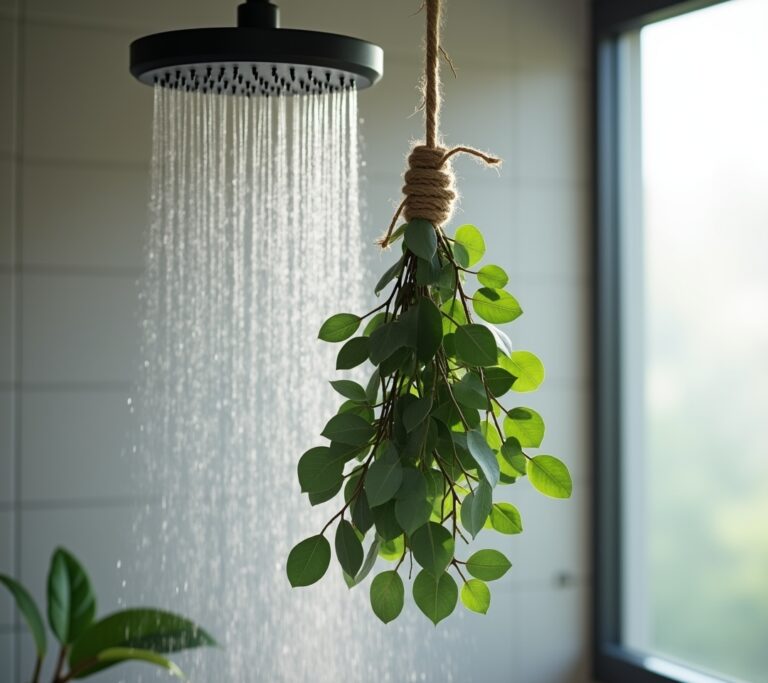 Fresh eucalyptus bundle hanging in shower