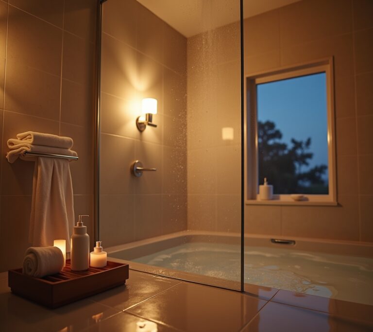 Dimly lit bathroom with warm shower steam