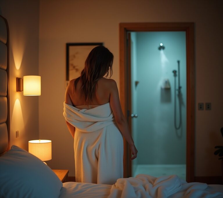 Person in towel doing evening skincare