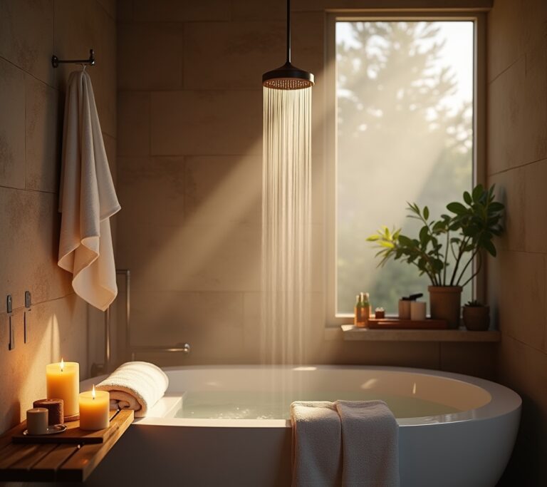 Warm, candlelit bathroom with soft lighting