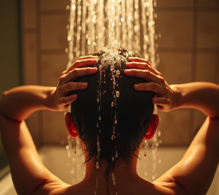 Hands massaging scalp under running water