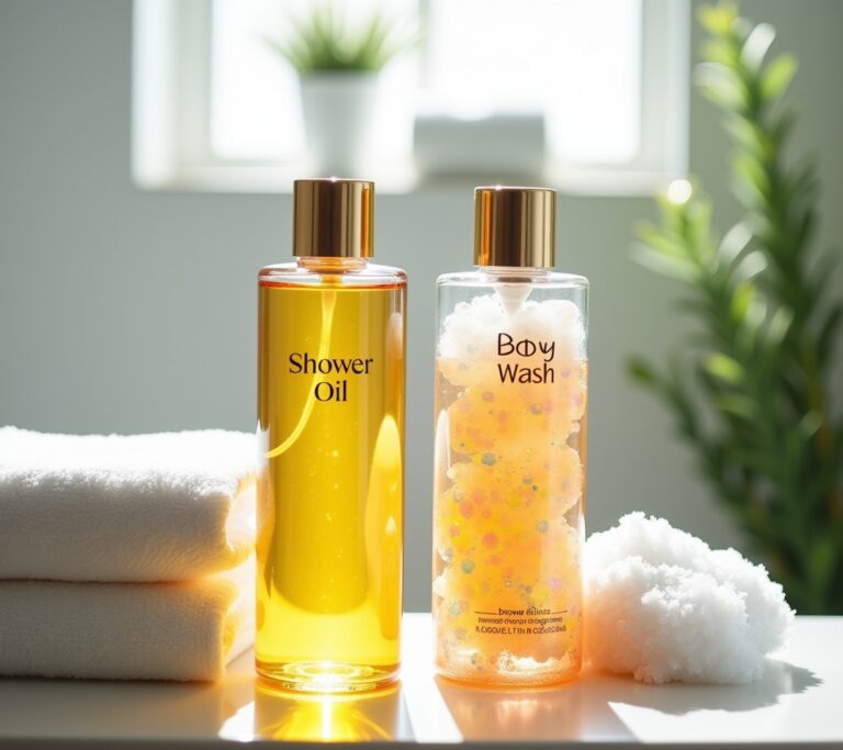 Bottles of shower oil and body wash side by side