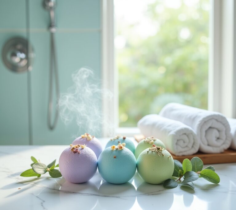 Colorful shower steamers on bathroom shelf