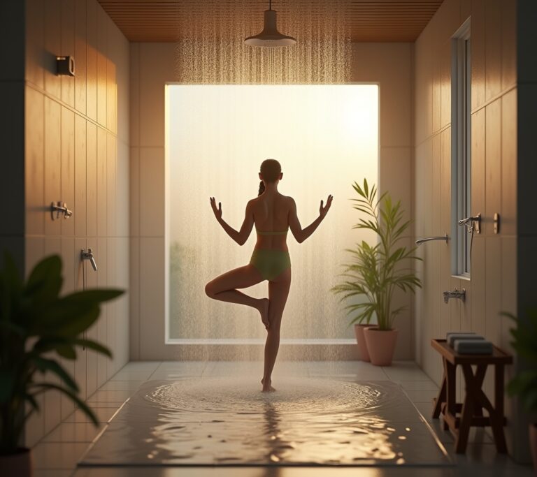 Person doing gentle stretch in shower
