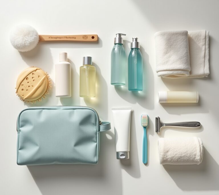 Compact travel shower products in bag